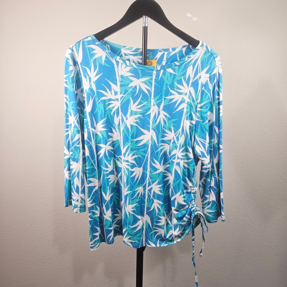 Ruby Rd Top Womens PL Blue Bamboo Print Side Ruched Tie Tropical Coastal 79353
